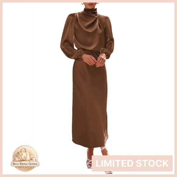 Elegant Satin Maxi Dress Mock Neck Long Sleeve Formal Vintage Cocktail